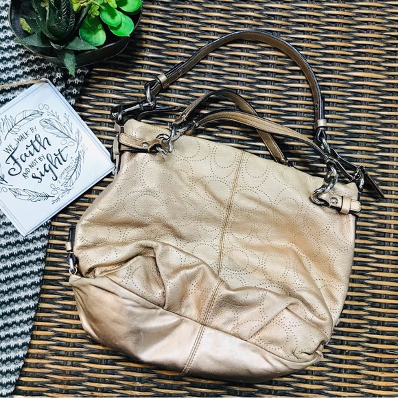 Coach 16908 Brooke Perforated Leather Metallic Gold Crossbody Hobo Bag